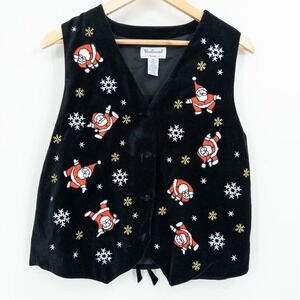 Vintage Christmas Santa Embroidered Vest Black Velvet Womens M Tacky Ugly Granny